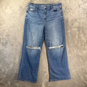 American Eagle High Rise Baggy Wide Leg Jeans Women's Sz 16 Long Blue Distressed